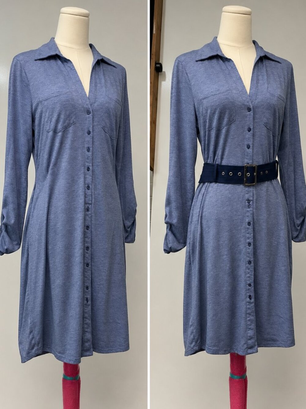 Kristin Nicole Blue Shirt Dress M Button Front Belted Office Workwear